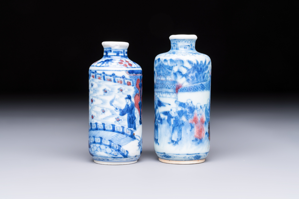 Two Chinese blue, white and copper-red snuff bottles with narrative design, Yongzheng and flower mark, 19th C.