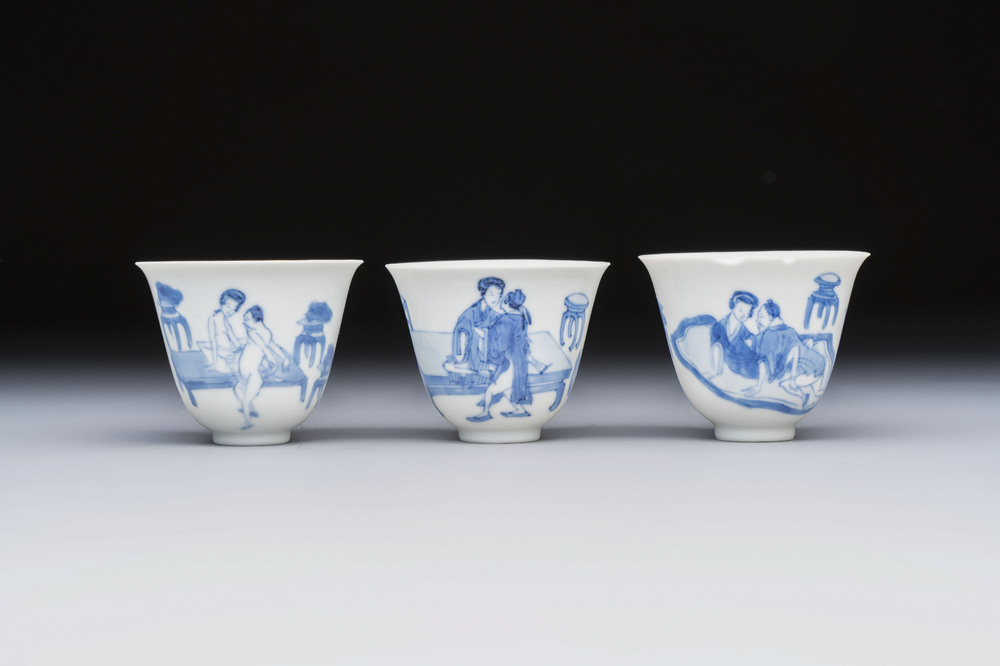 Three Chinese blue and white 'Erotic' wine cups, Yan Shui Yu Shi Zhi Zhen and Chenghua mark, Kangxi