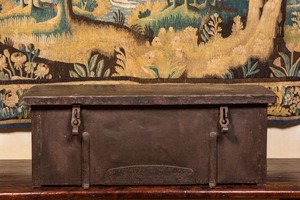 An iron chest with wooden interior, 18th C.