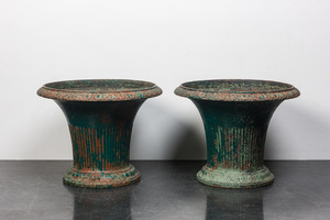 A pair of green-painted cast iron jardinières, 19th C.