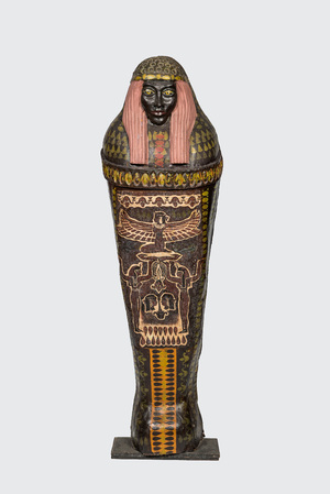 A polychrome decorated papier-mâché sarcophagus cover, 20th C.