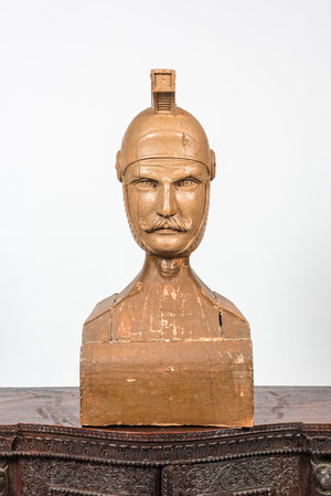 A patinated wooden bust of a Roman legionary, ca. 1900