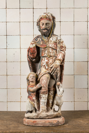 A large polychrome limestone 'Saint Roch with boy and dog' group, 17/18th C.