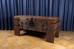 A large German rectangular wooden 'Stollentruhe' chest with iron and brass mounts, Westphalia, 17th C.