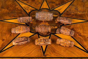 Nine corozo wooden tobacco boxes, France, 18/19th C.