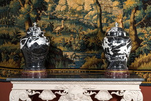 A pair of large black and white 'Grand Antique' marble vases and covers, probably Italy, 19/20th C.