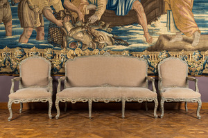 A sofa and two armchairs in painted wood with linen upholstery, 18/19th C