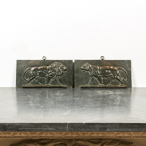 Jules Bennes (French school, 19th C.), after Antoine-Louis Barye: Two green-patinated bronze 'lion' reliefs