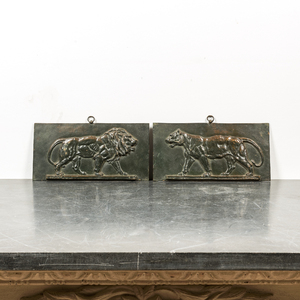 Jules Bennes (Ecole française, 19ème), d'après Antoine-Louis Barye: Deux reliefs en bronze à patine verte à décor de lions