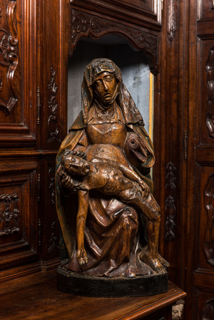 A large walnut Pietà with traces of polychromy, Southern Netherlands, 1st half 16th C.