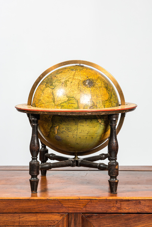 An English globe in wooden stand with brass meridian ring, G.F. Cruchley, London, 19th C.