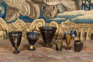 Three turned horn footed goblets and three cups, probably Germany, 17/19th C.