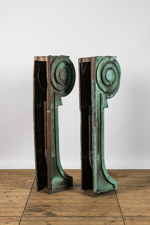 A pair of neoclassical green-patinated copper building elements, 19/20th C.