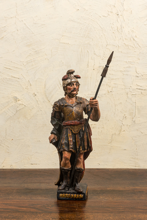 A polychrome wooden sculpture of a Roman soldier, 17/18th C.