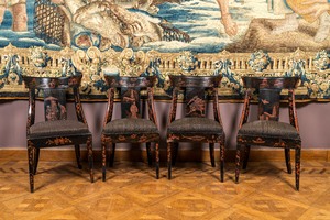 Four red-on-black painted wooden chinoiserie chairs, 19th C.