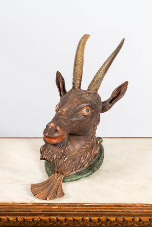 A polychrome wooden sculpture of a goat, ca. 1900