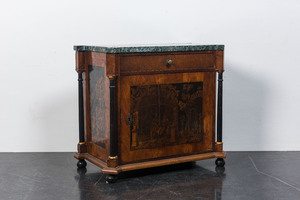 A marble-topped one-door buffet in burr walnut veneer painted with a romantic scenery, 19th C.