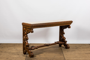 A patinated wooden wall console with marble top, probably Italy, 19th C.