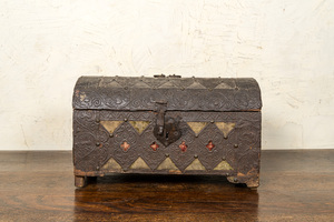 An Italian wooden coffer with velvet and engraved and hammered iron plaques, Tuscany, 16th C.