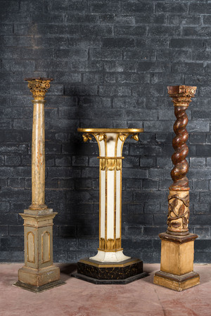Three polychromed and gilt wooden pedestals, 19th C.