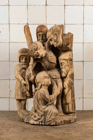 An oak 16th C. style group with the 'Descent from the Cross', 20th C.