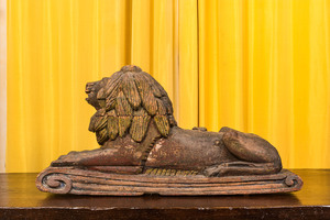 A painted wooden model of a recumbent lion, 19th C.