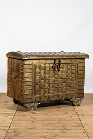 A hammered copper-embellished wooden dowry chest, India, 19/20th C.