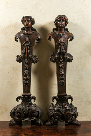 A pair of Italian walnut sculptures of caryatids, 18th C.