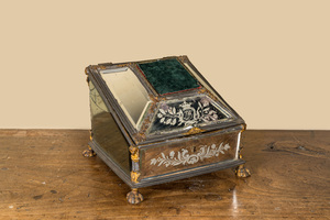 A German engraved and enamelled mirror glass and partly gilt metal box, inscribed and dated 1749