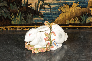 A polychrome Italian faience hare tureen and cover, probably Nove, 19/20th C.