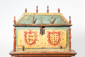 An Italian polychromed armorial wooden coffer, 16/17th C.