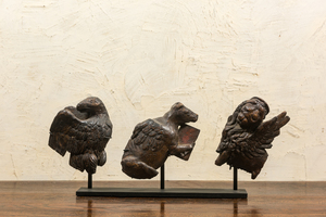 Three carved oak fragments of an eagle, a lamb and a lion referring to the evangelists, 16th C.