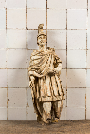 A white patinated basswooden sculpture of a Roman soldier, probably Italy, 17/18th C.