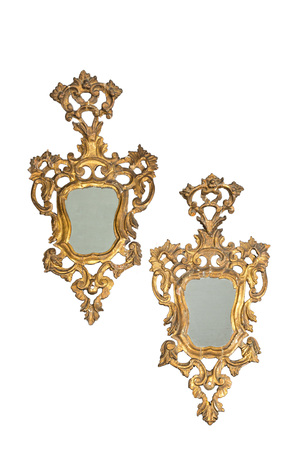 A pair of Italian Louis XV-style gilt and open worked wooden wall mirrors, 18th C.