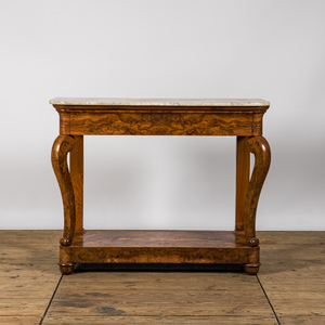 A French burl wood veneered Louis Philippe console with marble top, 19th C.