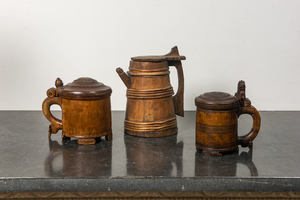 Three wooden beer mugs, Scandinavia or Germany, 17/19th C.