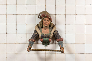 A rare polychromed wooden towel rack in the shape of a noble lady, 19th C.