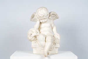 A white marble 'grieving putto' sculpture, 20th C.