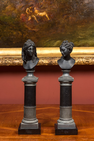 A pair of partly patinated pewter busts on a pedestal, 19th C.