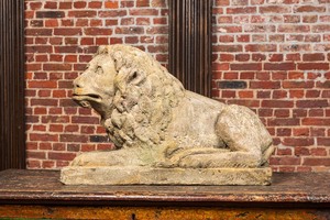 A sandstone model of a recumbent lion, 17/18th C.