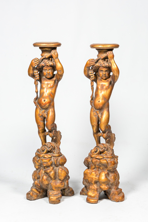 A pair of gilt wooden bacchante-shaped pedestals, 19/20th C.