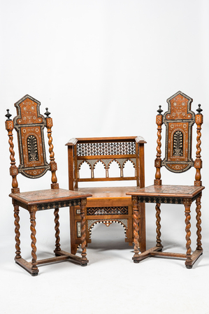 Three bone- and mother-of-pearl-inlaid wooden chairs, Damascus, Syria, 19/20th C.