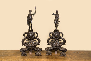 A pair of patinated bronze andirons with Greek gods, 19th C.