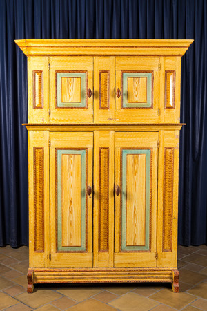 A Dutch polychrome wooden Staphorst four-door wardrobe, 18th C.
