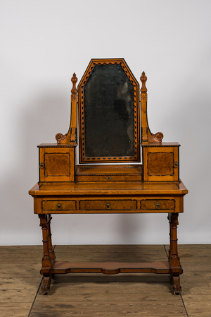 An oak wooden, burl wood veneered and ebonised wooden dressing table, 19th C.