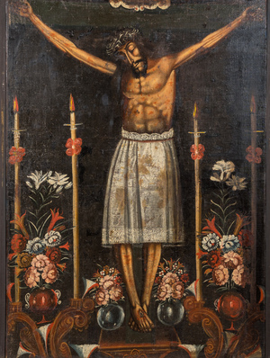 Ecole de Cuzco, Péru: 'Christ en croix', huile sur toile, 17/18ème