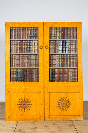 A French maple-veneered library-shaped 'trompe l'oeil' panel, 1st half 20th C.