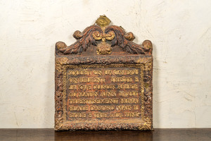 A red lacquered and gilt canvas on wood panel with Protestant text, South East of France, 18th C.