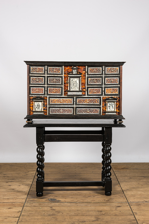 A Spanish partly ebonised wooden cabinet with tortoiseshell veneer and engraved bone plaques, 19th C.