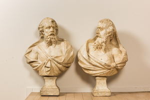 A pair of white marble busts of males, Italy, probably 17th C.